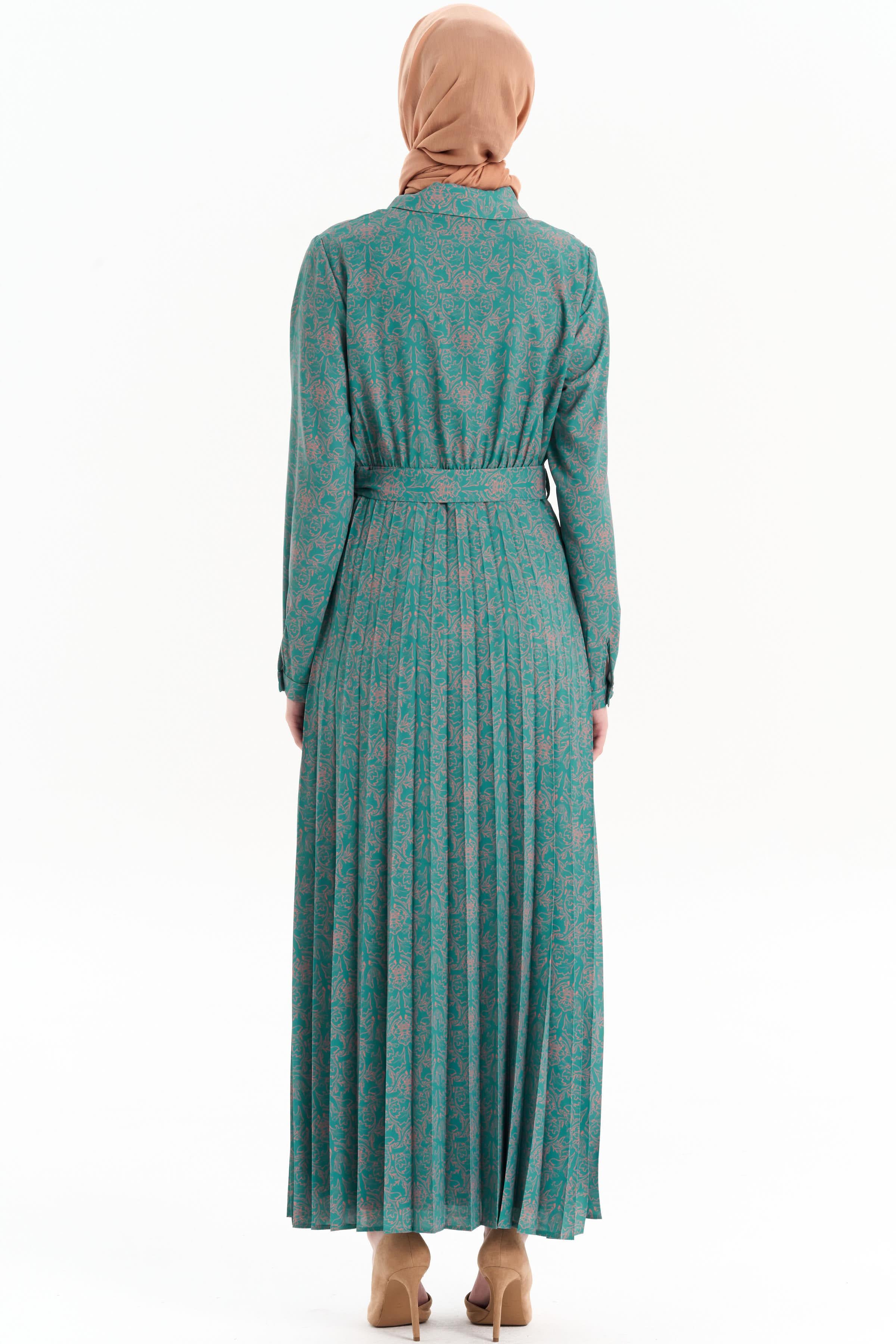 Beli Kuşaklı Desenli Elbise - Petrol TUGBA