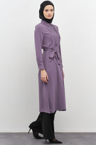 Beli Kuşaklı Plise Detaylı Tunik - Lila TUGBA