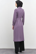 Beli Kuşaklı Plise Detaylı Tunik - Lila TUGBA