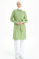 Beli Kuşaklı Robalı Tunik - Fıstık Yeşili TUGBA