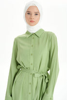 Beli Kuşaklı Robalı Tunik - Fıstık Yeşili TUGBA