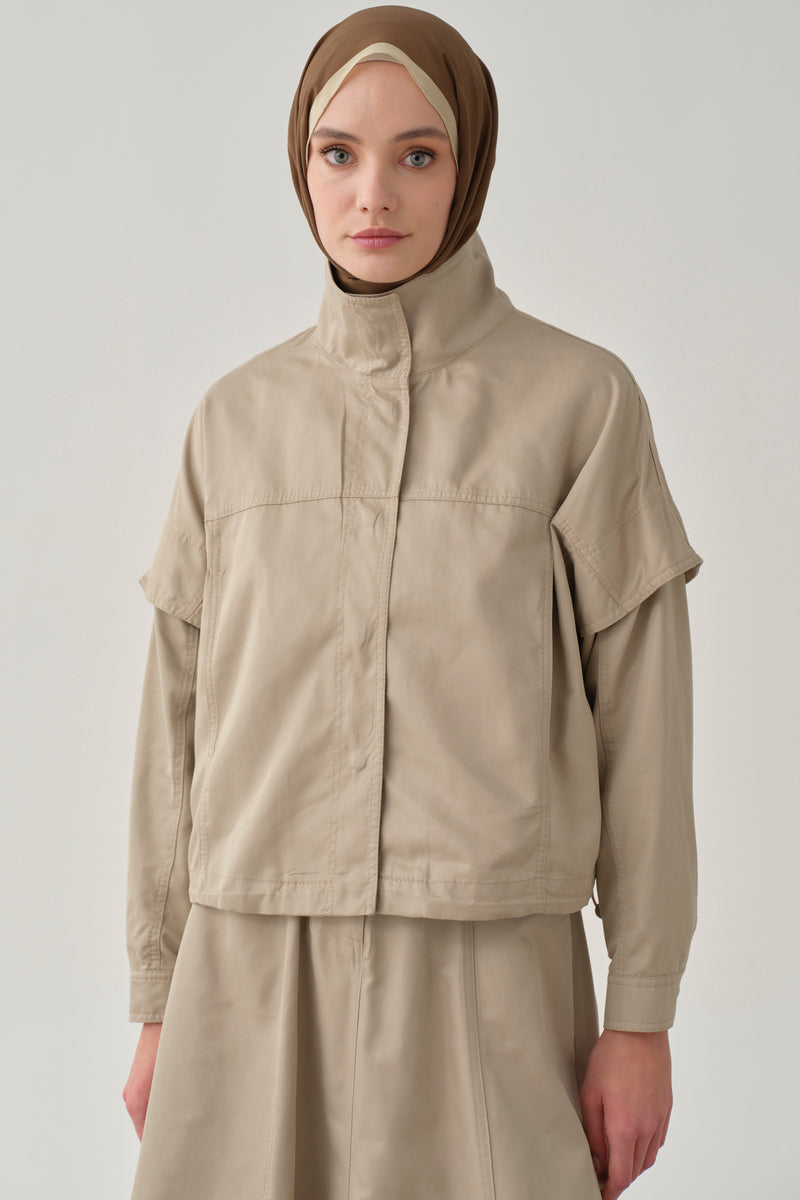 Beli Lastikli Crop Ceket - Taş TUGBA