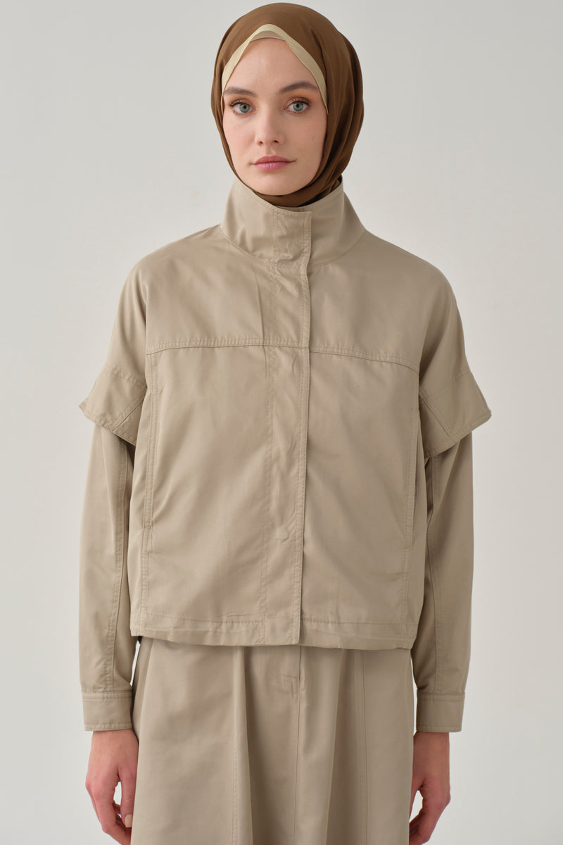 Beli Lastikli Crop Ceket - Taş TUGBA