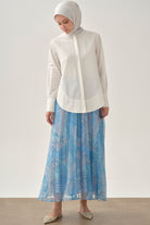 Beli Lastikli Desenli Plisoley Etek - Mavi TUGBA