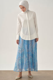 Beli Lastikli Desenli Plisoley Etek - Mavi TUGBA