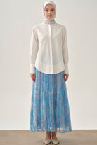 Beli Lastikli Desenli Plisoley Etek - Mavi TUGBA