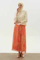 Beli Lastikli Desenli Plisoley Etek - Oranj TUGBA