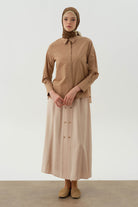 Beli Lastikli Düğmeli Etek - Bej TUGBA