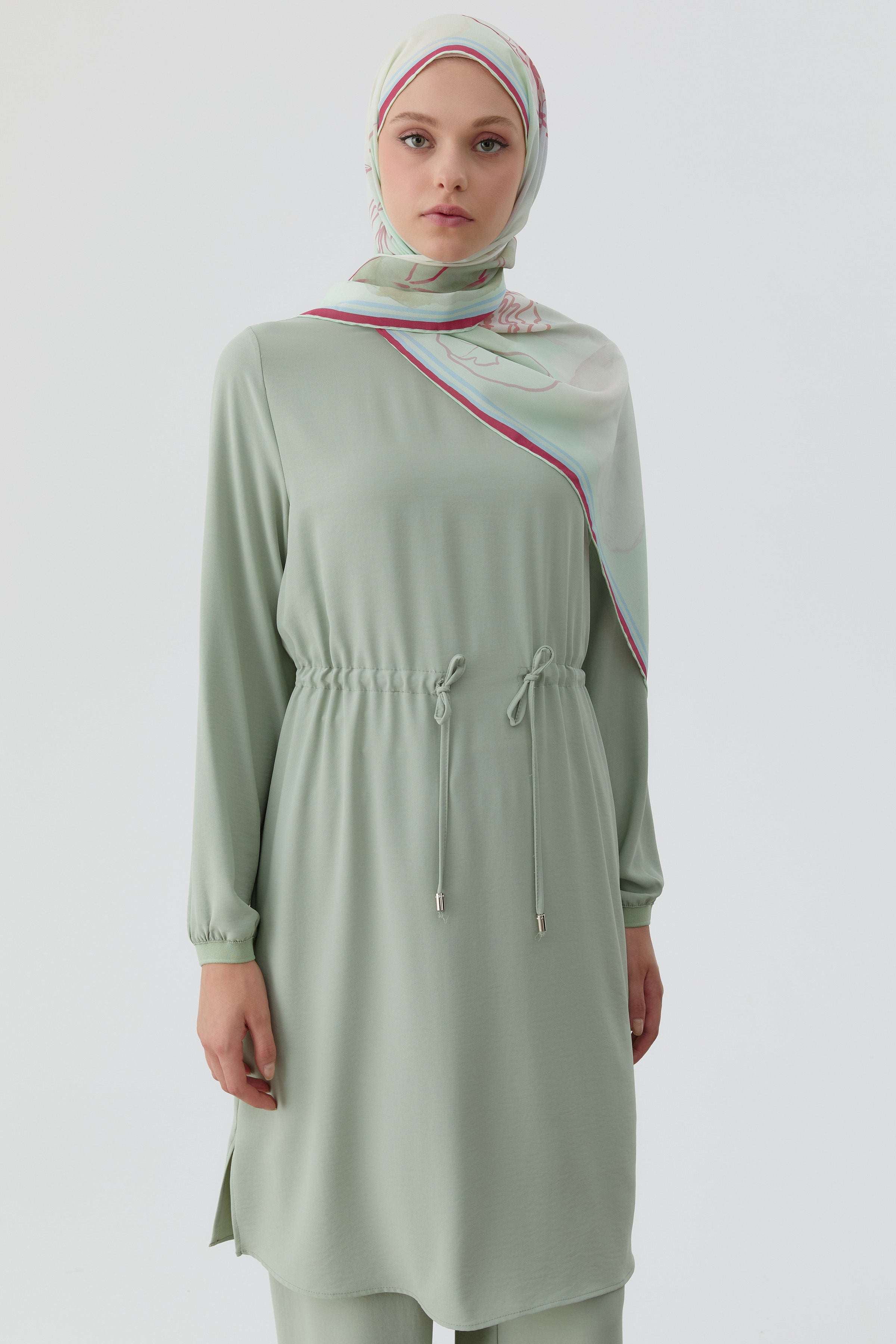 Beli Bağcık Detaylı Ribanalı Tunik - Mint TUGBA