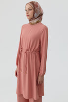 Beli Bağcık Detaylı Ribanalı Tunik - Somon TUGBA