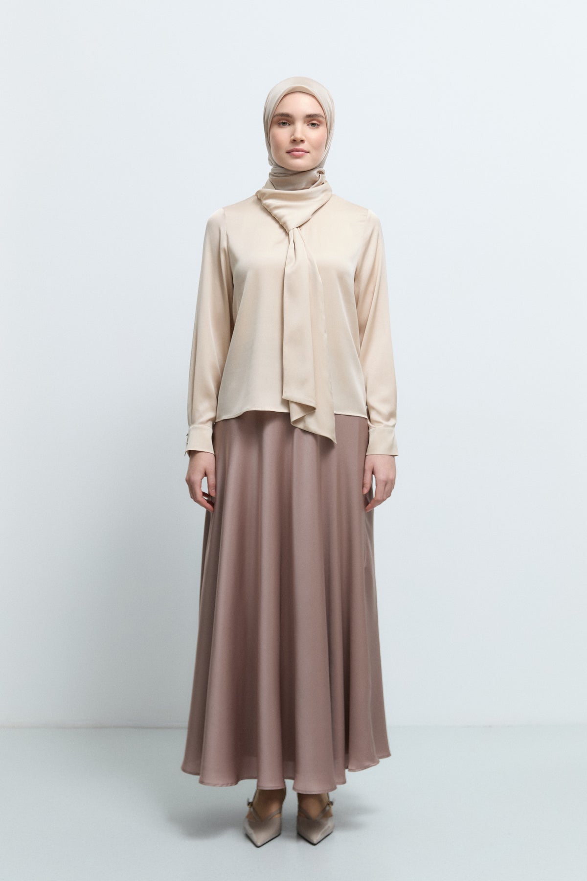 100% Silk Shawl Collar Blouse - Beige