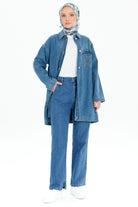 Bol Paça Yırtmaçlı Denim Pantolon - İndigo TUGBA