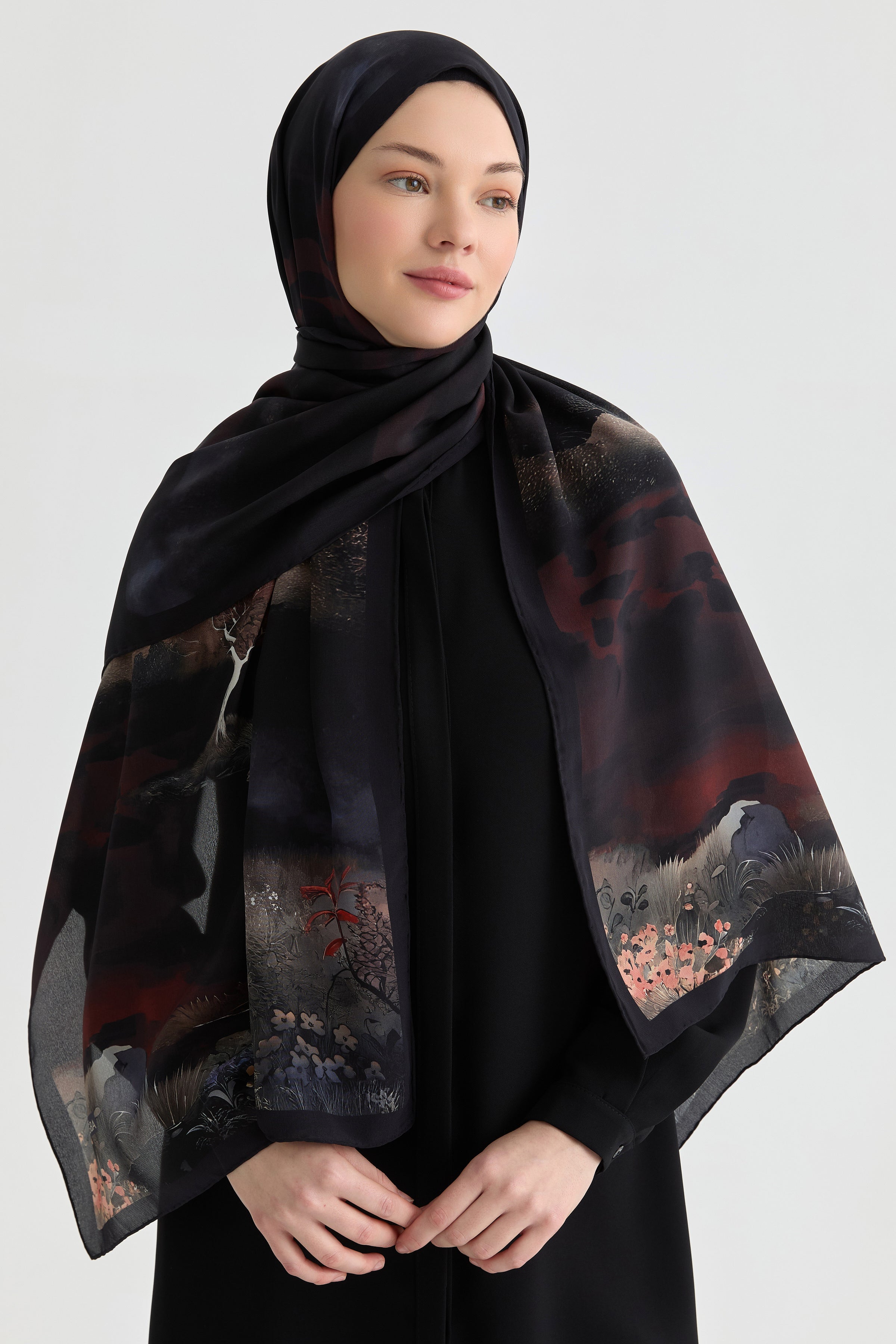 Maren Krep İpek Şal - Bordo TUGBA