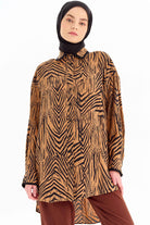 Büyük Beden Garnili Desenli Tunik - Kahve TUGBA