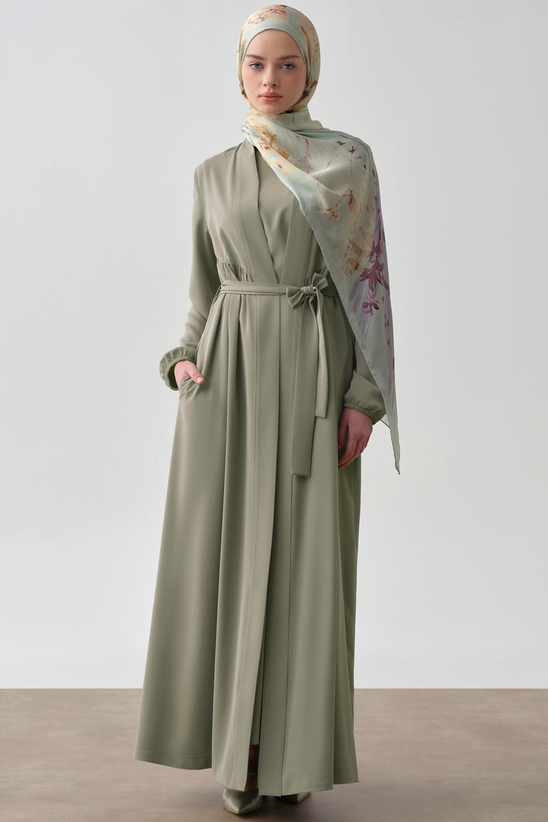 Büzgülü Beli Kuşaklı Abaya - Mint TUGBA