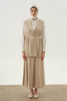 Çapraz Biye Kemerli Parçalı Etek - Bej TUGBA