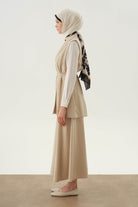 Çapraz Biye Kemerli Parçalı Etek - Bej TUGBA