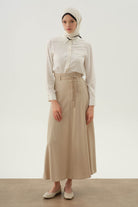 Çapraz Biye Kemerli Parçalı Etek - Bej TUGBA