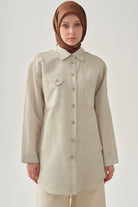 Cep Detaylı Çizgili Tunik - Bej TUGBA