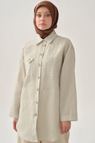 Cep Detaylı Çizgili Tunik - Bej TUGBA