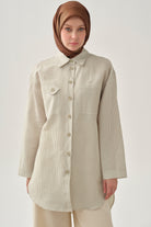 Cep Detaylı Çizgili Tunik - Bej TUGBA