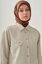 Cep Detaylı Çizgili Tunik - Bej TUGBA