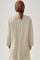 Cep Detaylı Çizgili Tunik - Bej TUGBA