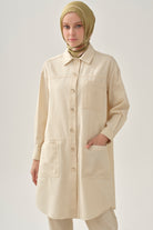 Cep Detaylı Uzun Ceket - Ekru TUGBA