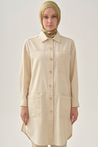 Cep Detaylı Uzun Ceket - Ekru TUGBA