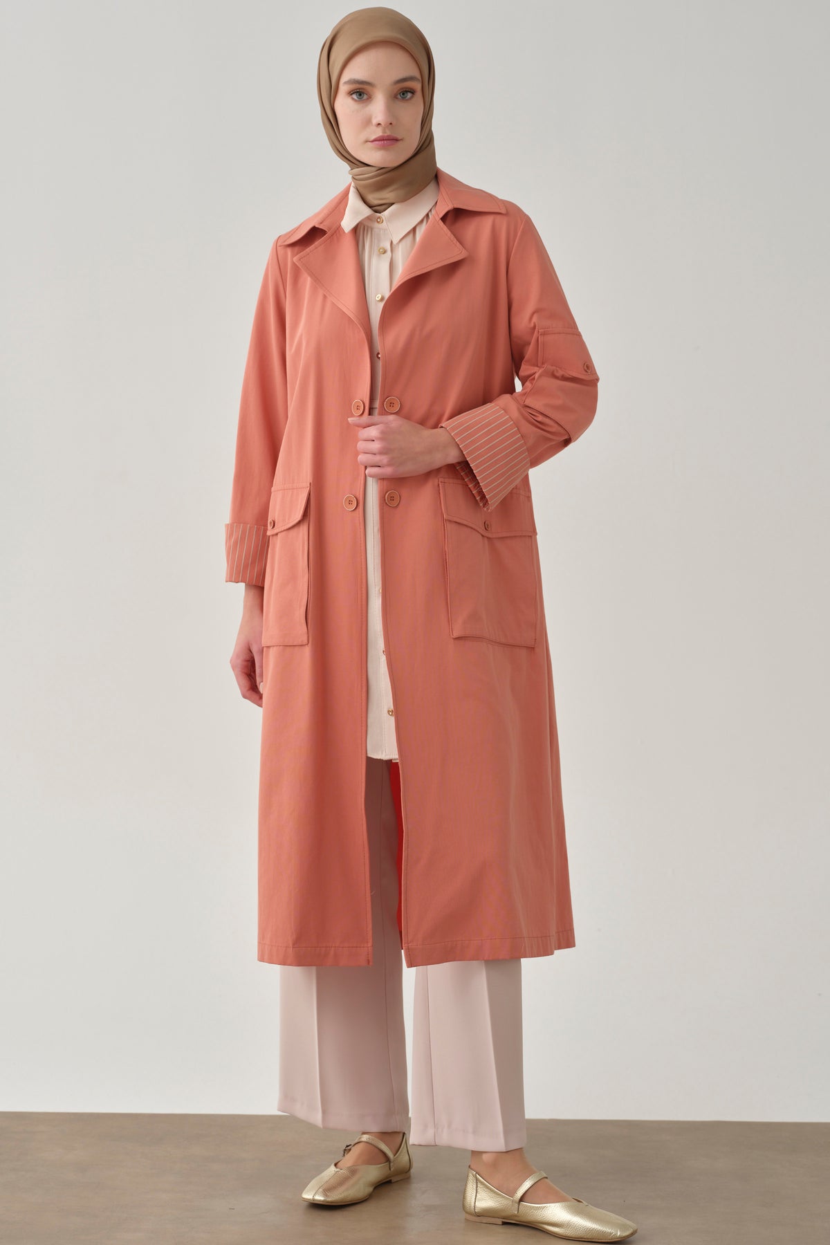 Striped Printed Trench Coat with Pockets - Orange