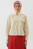 Cepli Crop Gömlek - Bej - Lacivert TUGBA