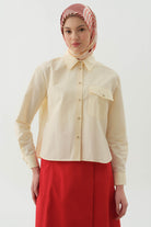 Cepli Crop Gömlek - Bej - Lacivert TUGBA