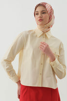 Cepli Crop Gömlek - Bej - Lacivert TUGBA