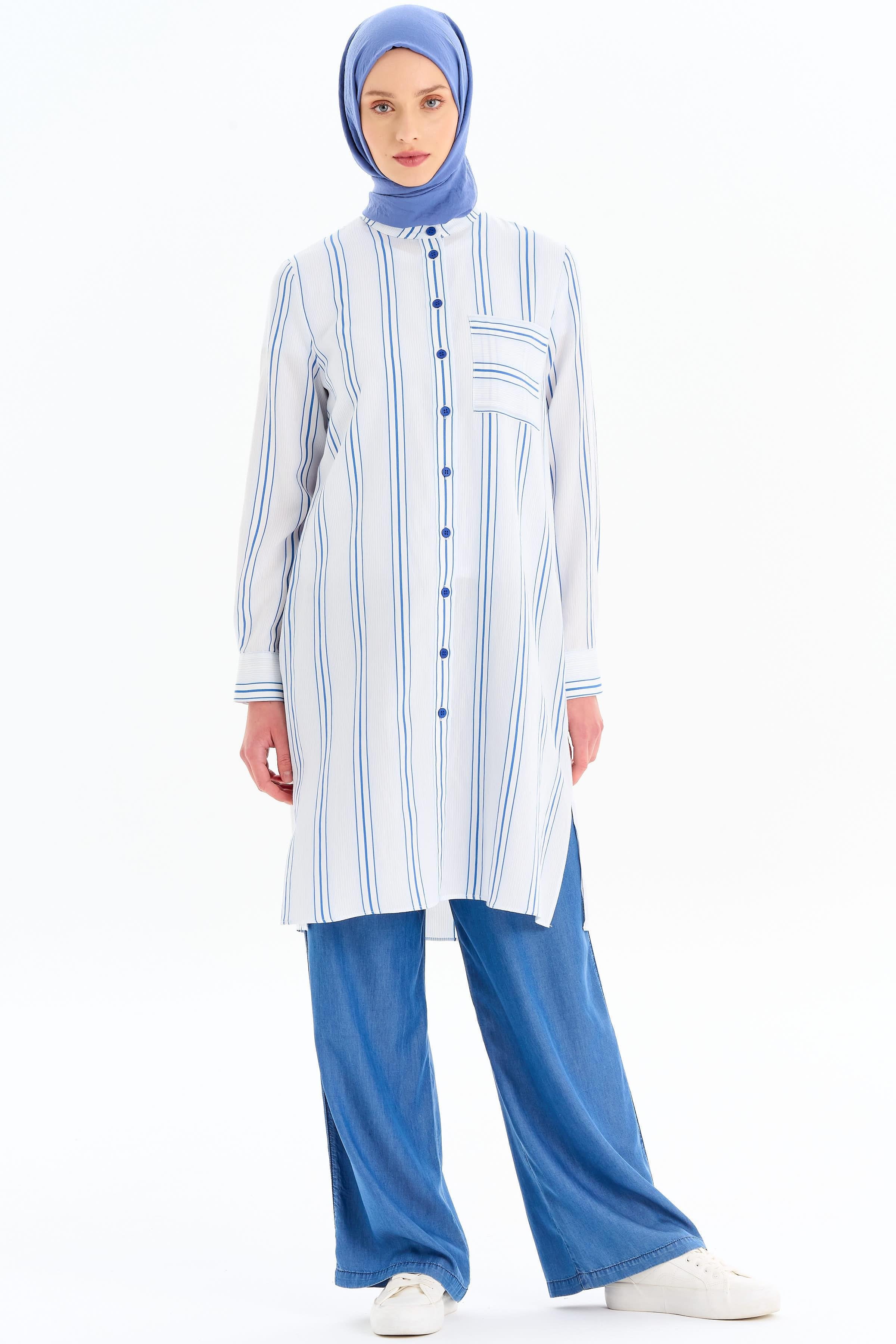 Cepli Yırtmaç Detaylı Çizgili Tunik - Açık Mavi TUGBA