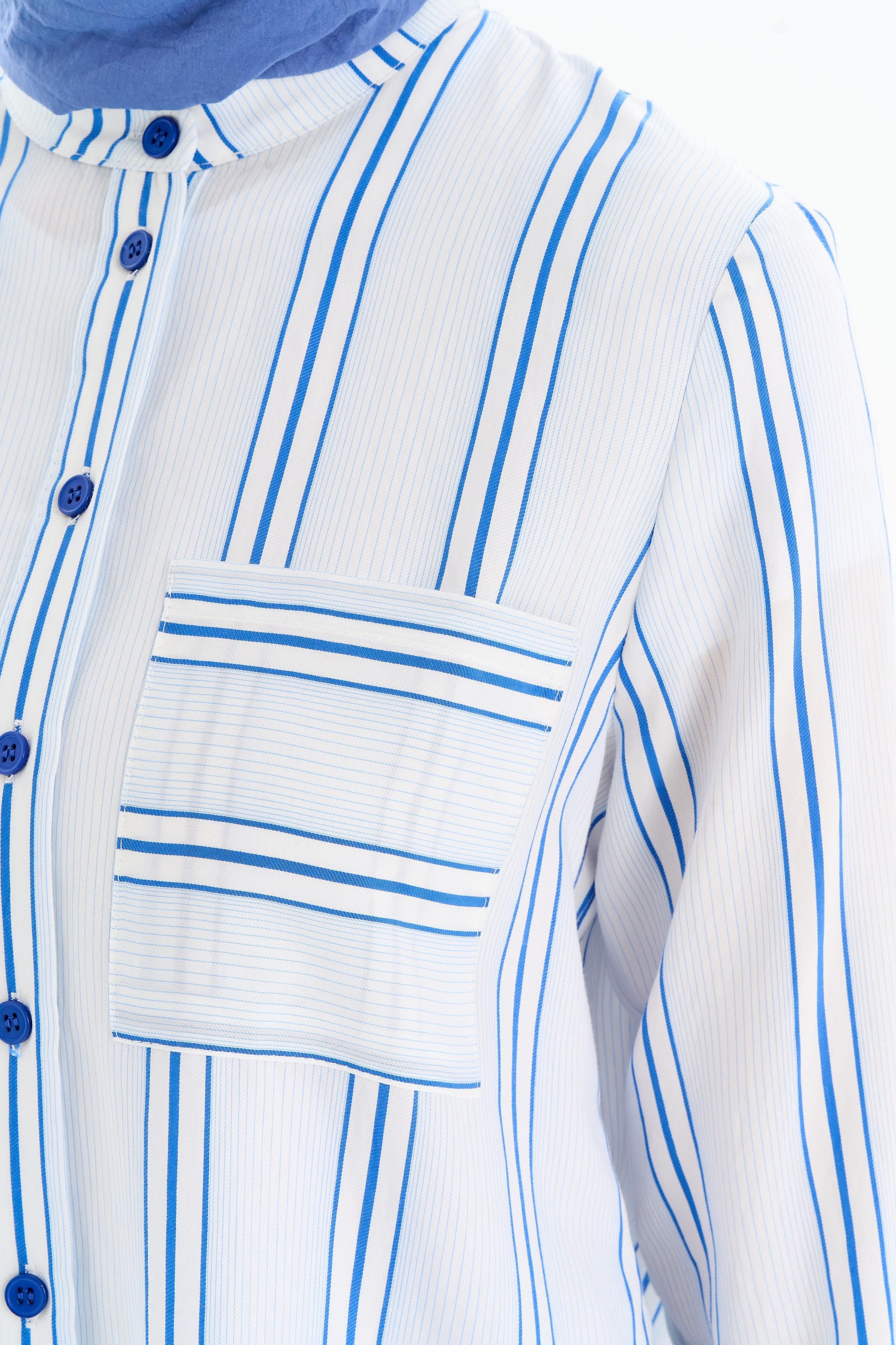 Cepli Yırtmaç Detaylı Çizgili Tunik - Açık Mavi TUGBA