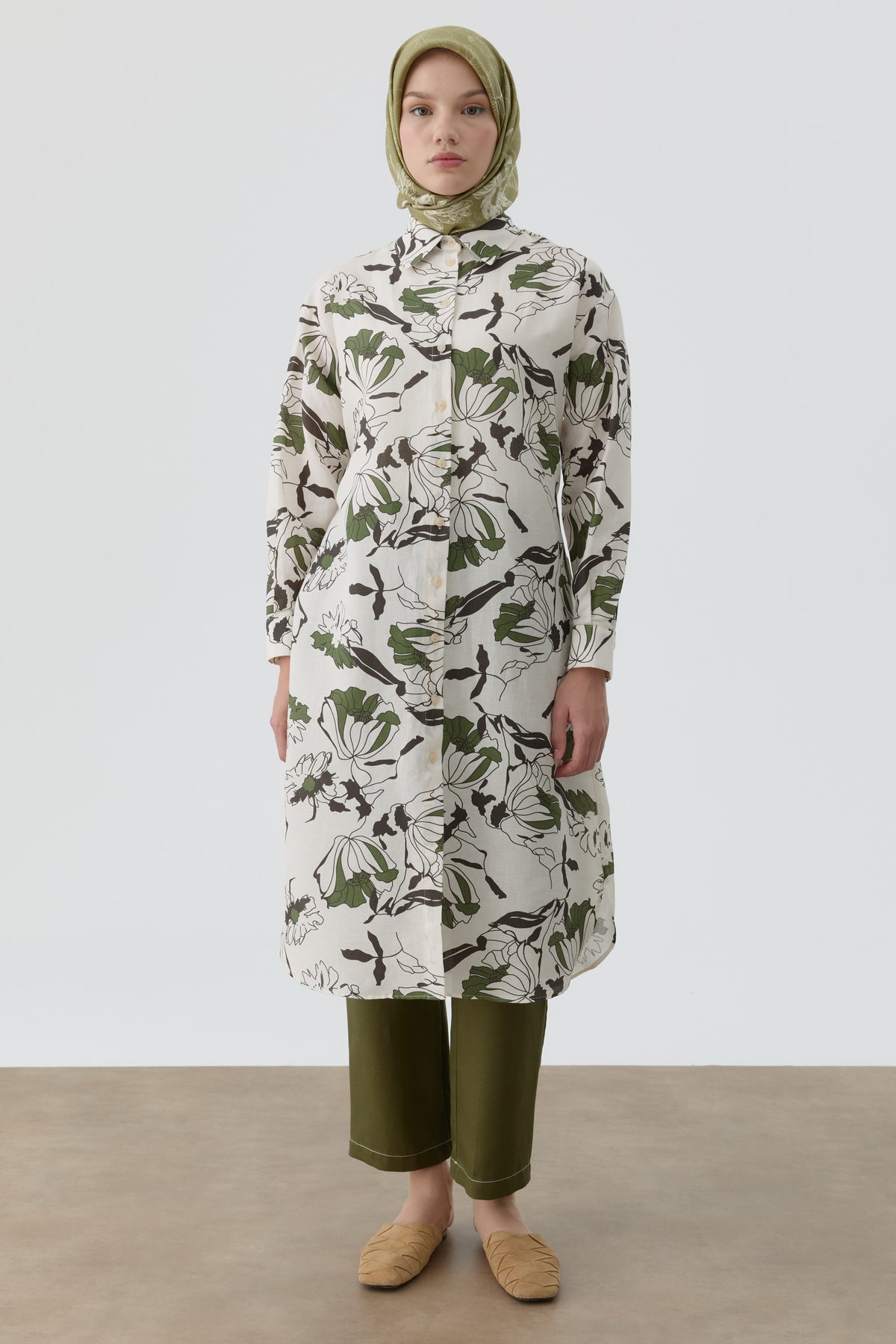 Floral Patterned Belted Tunic - Beige