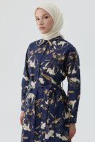 Çiçek Desenli Kemerli Tunik - Lacivert TUGBA