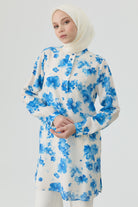 Çiçek Desenli Yırtmaçlı Tunik - Mavi TUGBA