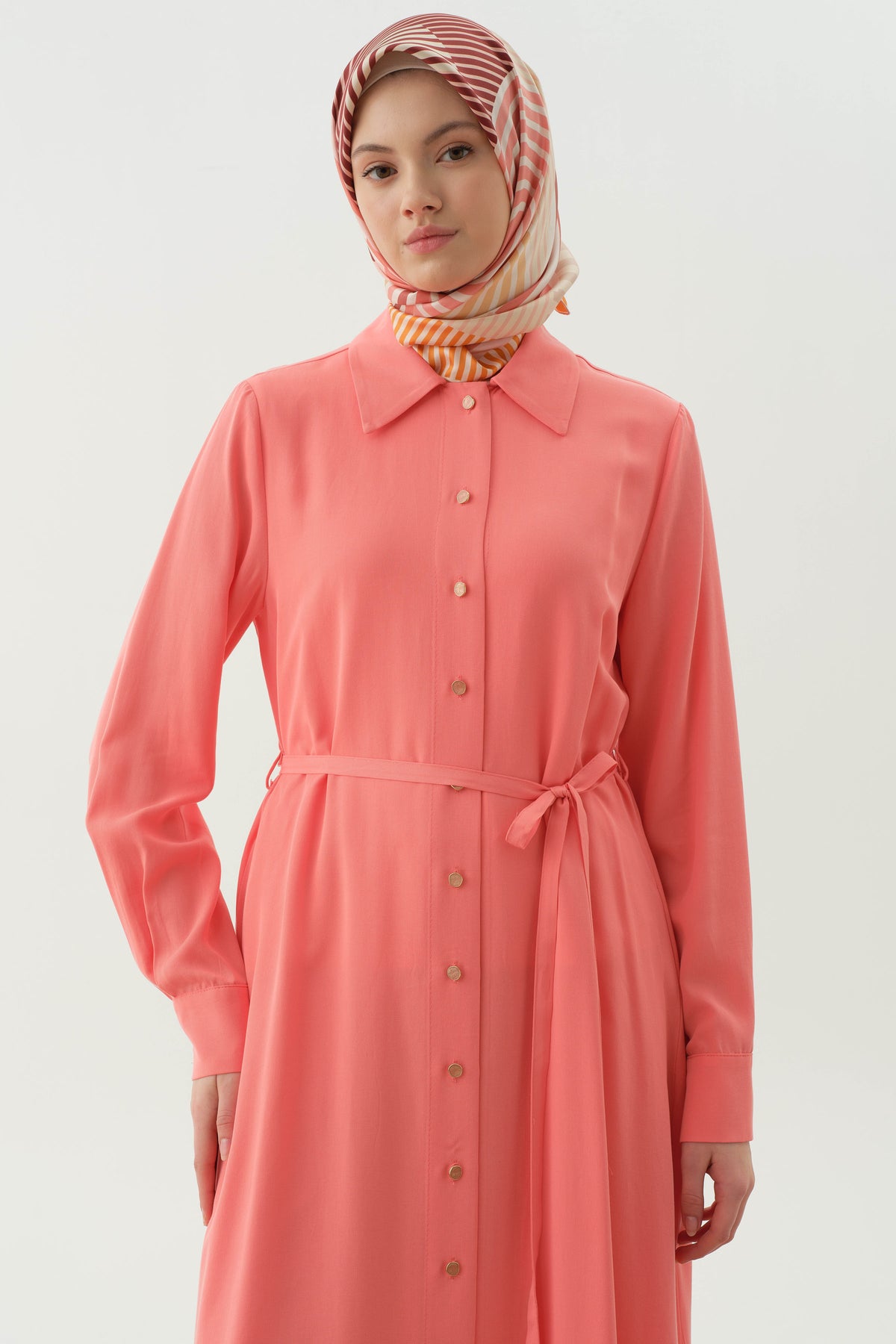 Double Wrap Belted Long Tunic - Coral