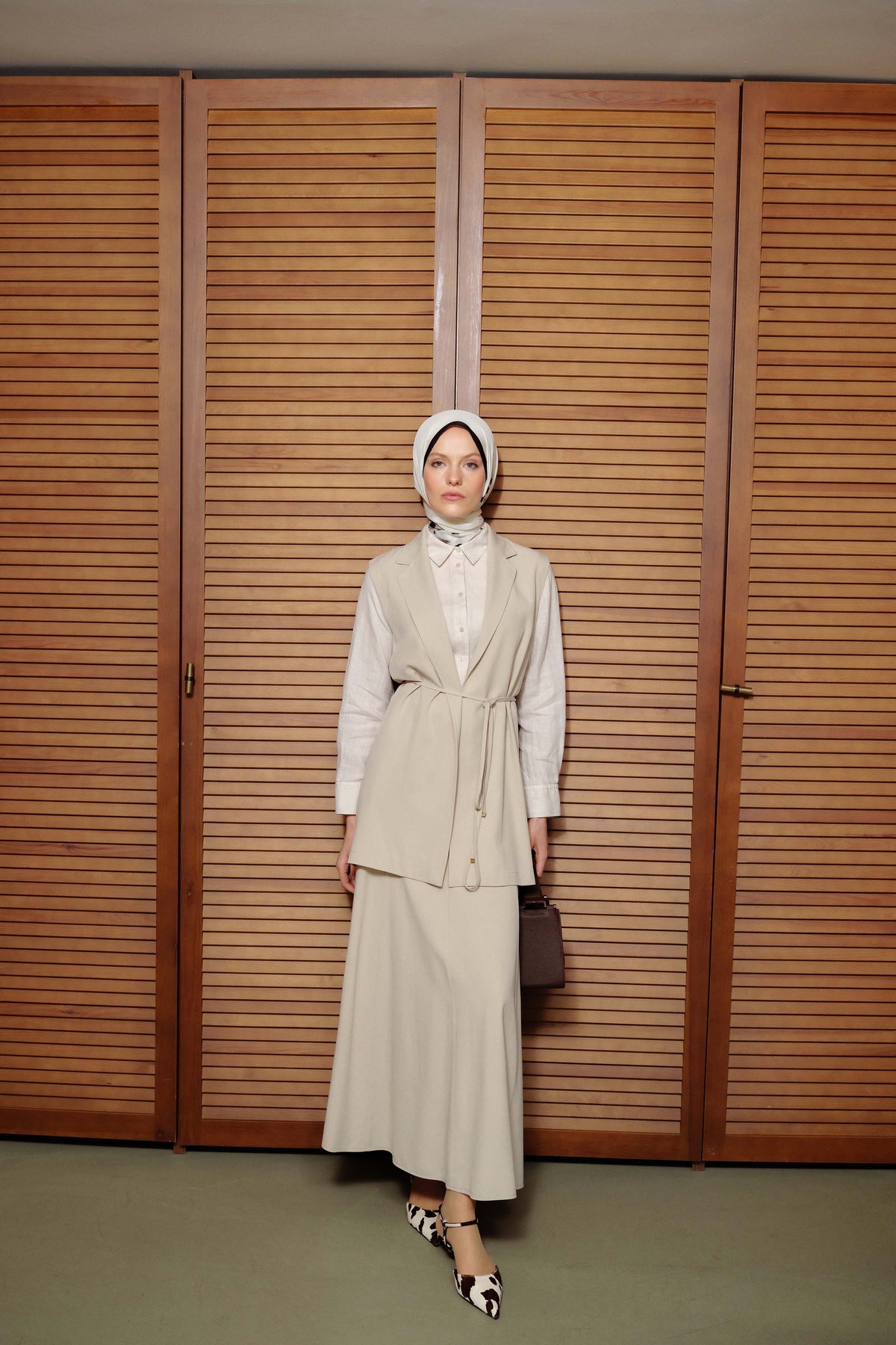 Double Layered Bias Belted Vest - Beige