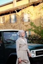 Crop Ceket Etekli Keten Takım - Bej TUGBA