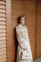 Crop Ceketli İnce Pile Detaylı Etekli Takım - Vizon TUGBA