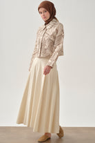 Crop Ceketli İnce Pile Detaylı Etekli Takım - Vizon TUGBA