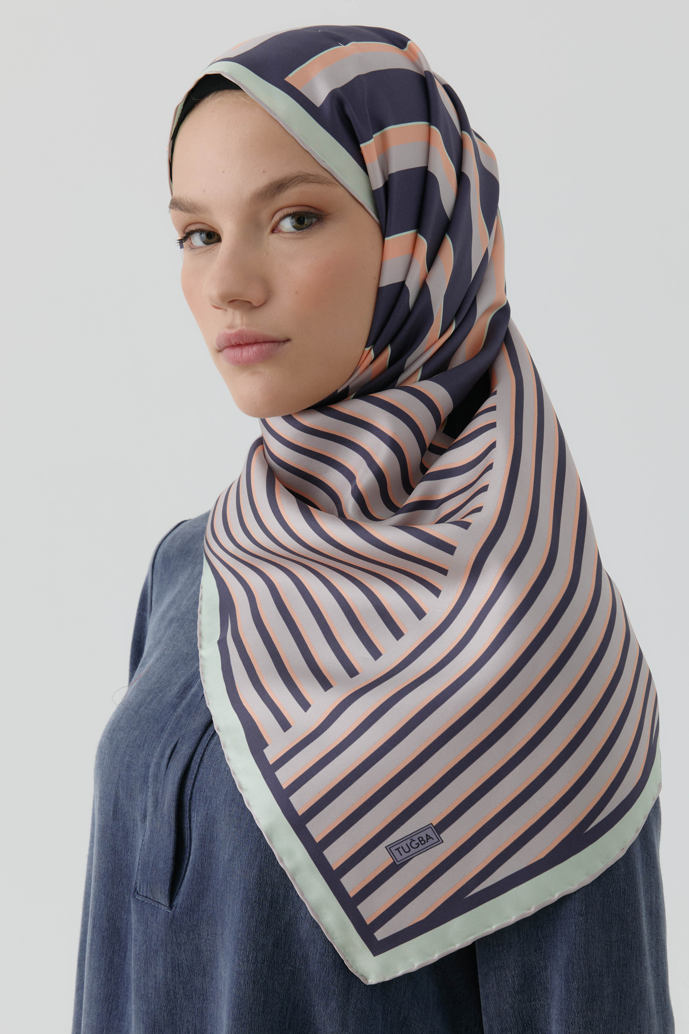 Çubuk Desenli Twill İpek Eşarp - Lila TUGBA