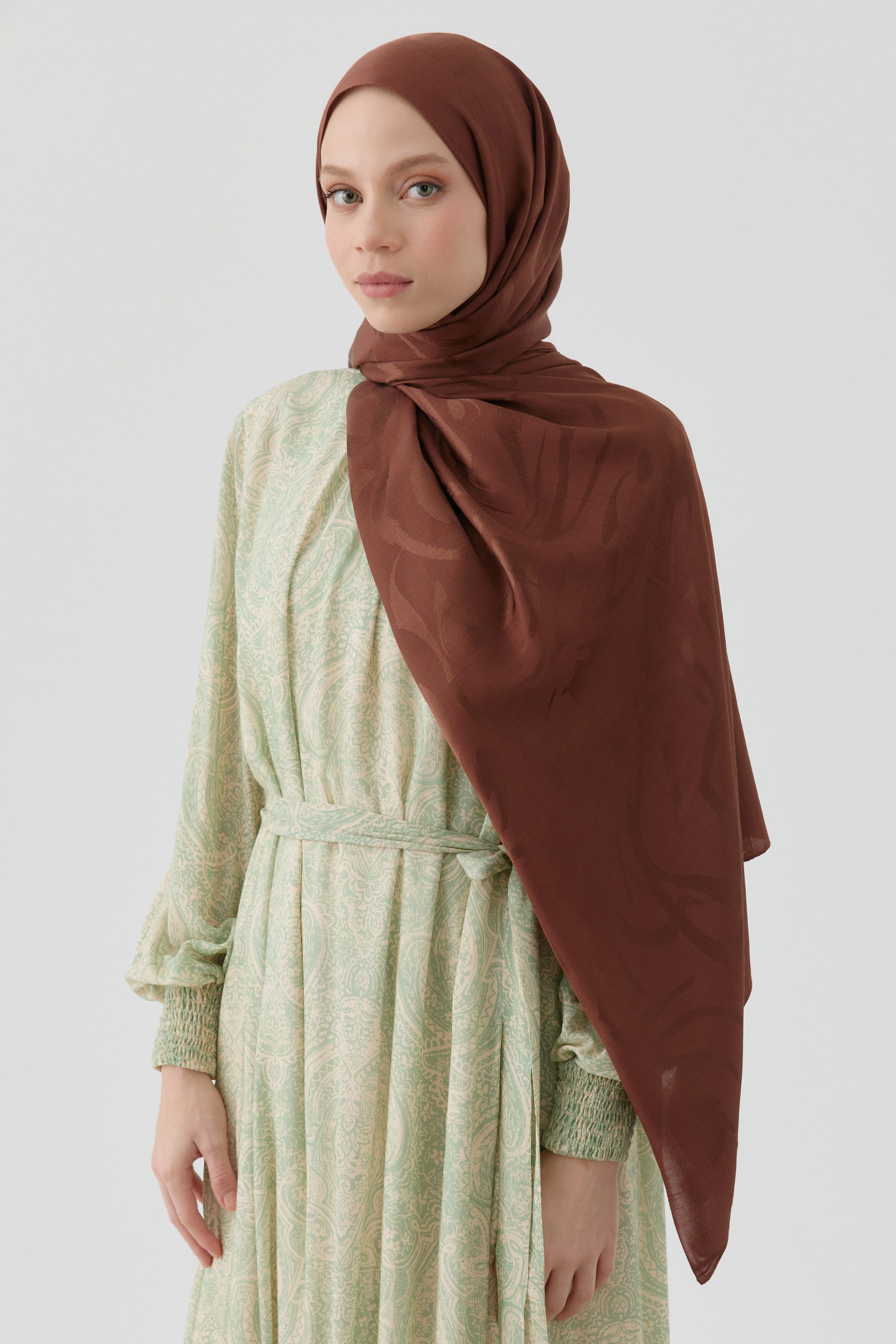 Dalgalı Nida Naturel Şal - Kahve TUGBA