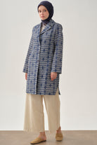 Desenli Keten Ceket - İndigo TUGBA