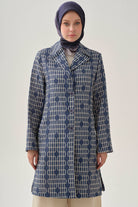 Desenli Keten Ceket - İndigo TUGBA