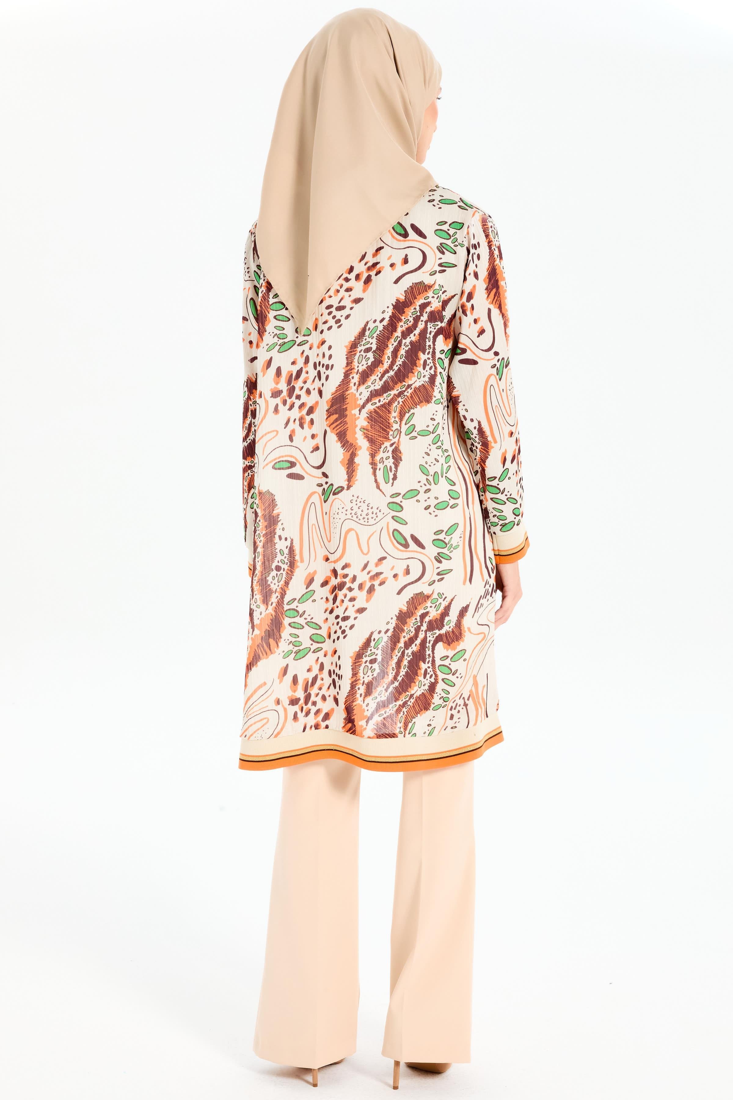 Desenli Şifon Ribana Detaylı İkili Takım - Bej TUGBA