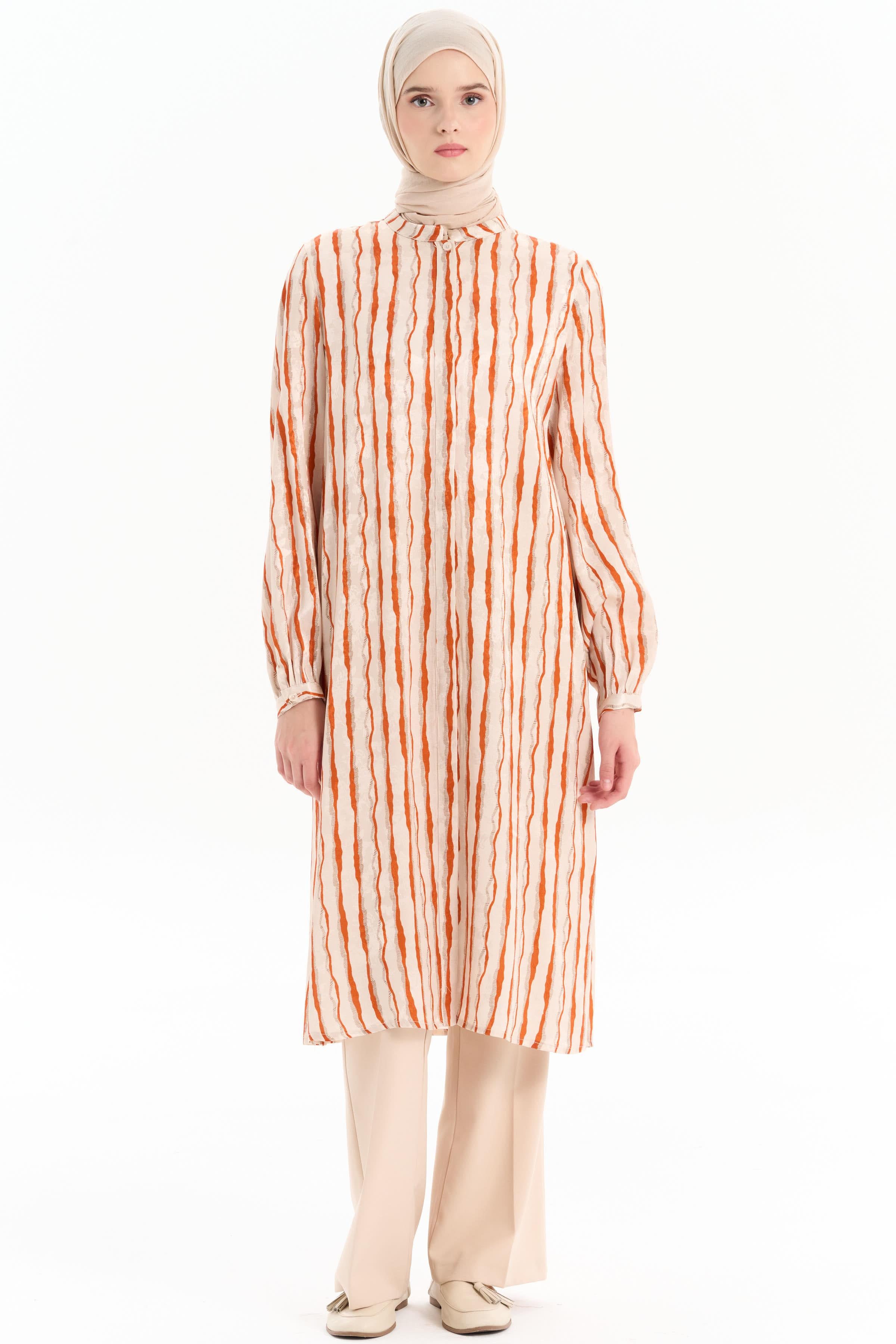 Desenli Yırtmaç Detaylı Tunik - Turuncu TUGBA