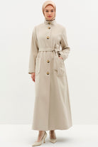 Dik Yakalı Beli Kuşaklı Manto - Ekru TUGBA